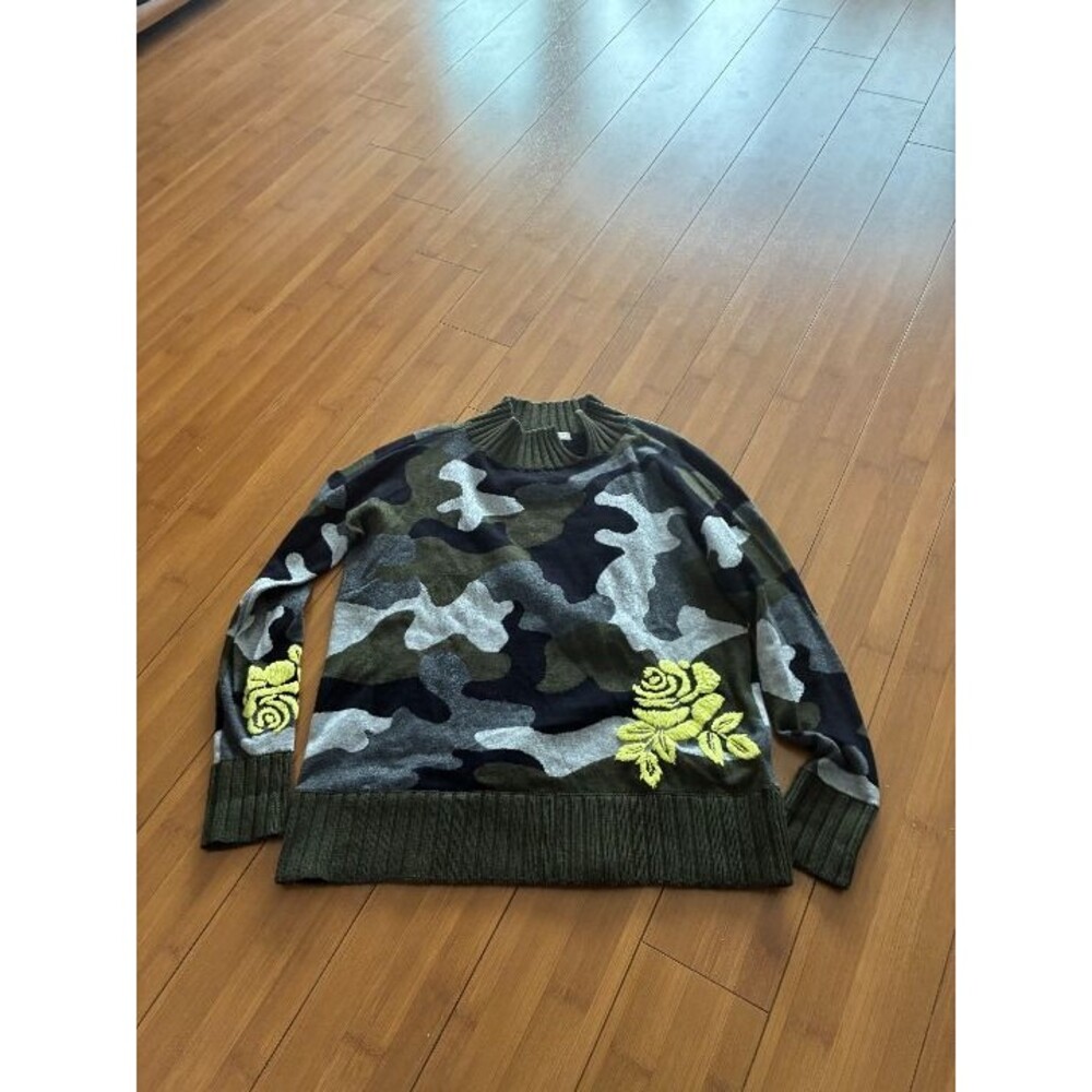 Lisa Todd Camouflage Turtleneck Sweater with Yellow Rose Embroidery XS